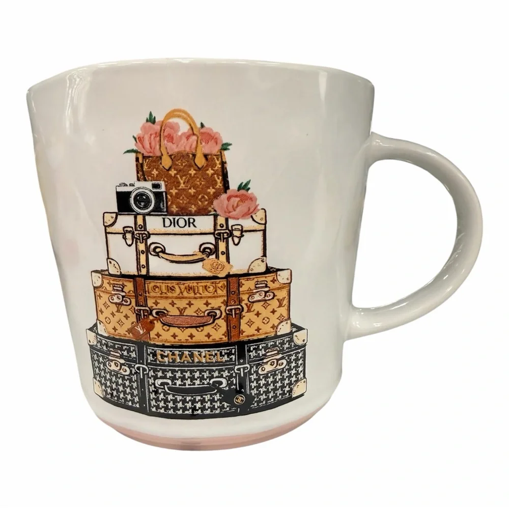 Designer Travel Themed Stacked Luggage with Luxury Logos Mug, LV, Chanel & Dior - Picture 2 of 4
